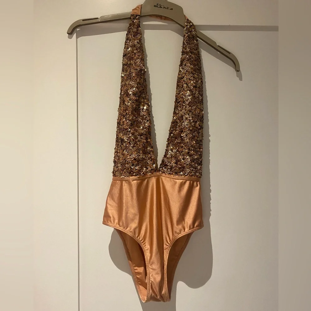 Sequin Halter Bodysuit in Bronze/rose gold - Picture 1 of 7